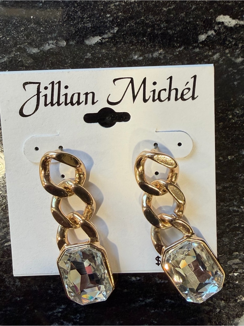 Gold Chain-Link Drop Earrings with Clear Crystal